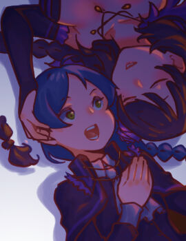 2girls age_difference ascot black_hair blue_hair braid breasts cape closed_mouth elsa_granhilte green_eyes hand_on_another highres large_breasts lipstick makeup meili_portroute multiple_girls parted_hair re:zero_kara_hajimeru_isekai_seikatsu elbow_gloves siblings sisters slothfulonie smile