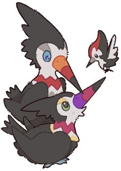 alternate_color bird commentary english_commentary evolutionary_line gen_7_pokemon nintendo pikipek poffim pokemon pokemon_(creature) shiny_pokemon simple_background transparent_background trumbeak