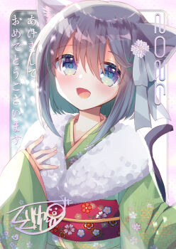 1girl 2026 :d animal_ears blue_eyes blue_hair cat_ears cat_girl cat_tail commentary_request floral_print fur_collar green_kimono grey_hair hair_between_eyes hand_up japanese_clothes kimono kuriyuzu_kuryuu long_sleeves looking_at_viewer multicolored_hair obi open_mouth original print_kimono sash sleeves_past_wrists smile solo tail translation_request two-tone_hair upper_body wide_sleeves