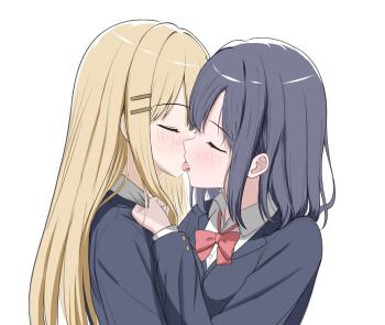 2girls absurdres adachi_sakura adachi_to_shimamura black_hair black_jacket blazer blonde_hair blush bow bowtie bu6rdfu closed_eyes collared_shirt commentary french_kiss highres jacket kiss long_hair medium_hair multiple_girls red_bow red_bowtie school_uniform shimamura_hougetsu shirt simple_background tongue tongue_out upper_body white_background white_shirt yuri