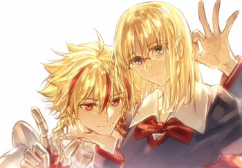1boy 1girl ahoge armor blonde_hair blue_eyes collared_shirt commentary_request fate/strange_fake fate_(series) gauntlets glasses hair_between_eyes highres long_hair long_sleeves looking_at_viewer machikokom43502 multicolored_hair red_eyes red_hair richard_i_(fate) sajou_ayaka_(fate/strange_fake) school_uniform shirt simple_background smile streaked_hair two-tone_hair white_background white_shirt