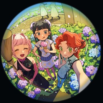 5girls aqua_nails black_border black_dress black_hair black_shoes black_socks black_trim blonde_hair blue_eyes blue_pants border braid braided_ponytail broom bun_cover carol_cao china_dress chinese_clothes closed_eyes closed_mouth cobblestone commentary detached_sleeves double_bun dress earrings facing_viewer fisheye flower grass green_eyes hair_bun hair_ornament hairpin half_up_bun hand_on_own_hip highres holding holding_broom holding_hands holding_ice_cream_cone hydrangea ice_cream_cone jewelry licking_lips looking_at_viewer multiple_girls nape_braid original outdoors pants pantyhose path pink_flower pink_hair pink_pantyhose pink_sleeves polka_dot polka_dot_dress red_eyes road round_border shoes short_hair_with_long_locks smile socks standing tongue tongue_out v walking white_dress