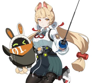 1girl :3 absurdres alice_thymefield animal_ears bangboo_(zenless_zone_zero) black_pantyhose blonde_hair closed_mouth collared_shirt dada0082 eous_(zenless_zone_zero) foil_(fencing) green_skirt heterochromia highres holding holding_sword holding_weapon long_hair low_twintails pantyhose rabbit_ears rabbit_girl red_eyes shirt skirt solo sword twintails very_long_hair weapon white_background white_shirt yellow_eyes zenless_zone_zero