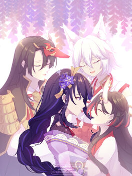 1boy 3girls artist_name azuyuki black_background black_hair blue_pupils blunt_bangs blurry braid brown_hair chiyo_(genshin_impact) closed_eyes closed_mouth clothing_cutout commentary crying crying_with_eyes_open depth_of_field english_commentary english_text eyeliner fan_hair_ornament flower flower_ornament bad_tag from_side genshin_impact hair_between_eyes hair_ornament happy highres horns japanese_clothes kimono kitsune_saiguu long_braid long_hair long_sleeves makeup mask mask_on_head mole mole_under_eye multicolored_eyes multicolored_hair multiple_girls neck_ribbon off_shoulder open_mouth purple_eyes purple_kimono raiden_shogun red_eyeliner red_ribbon red_sash ribbon sad sasayuri_(genshin_impact) sash shade short_hair shoulder_cutout single_braid solo_focus standing streaked_hair streaming_tears surprised tears upper_body watermark white_hair wide-eyed wide_sleeves wisteria