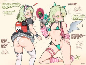 1girl absurdres animal_ear_hairband animal_ears aria_(zenless_zone_zero) ass bikini black_dress bullxon cat_ears choker commentary dress english_commentary english_text fake_animal_ears green_eyes green_hair hair_ornament hairband highres loli maid maid_headdress multiple_girls nangong_yu navel necktie official_alternate_costume open_mouth panties polka_dot speech_bubble sunna_(afternoon_tea_break)_(zenless_zone_zero) sunna_(zenless_zone_zero) swimsuit underwear wedgie white_panties zenless_zone_zero