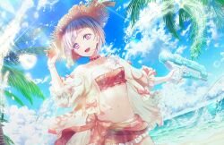 Rule 34 | 1girl, :d, beach, bikini, bikini shorts, blue sky, bob cut, breasts, cloud, colored inner hair, diagonal bangs, finger on trigger, floral print, floral print bikini, frilled bikini, frills, game cg, grey hair, hibiscus print, highres, holding, holding water gun, inverted bob, jacket, jacket over swimsuit, link! like! love live!, looking at viewer, love live!, multicolored hair, navel, official art, open clothes, open jacket, open mouth, palm tree, pink bikini, pink eyes, pink sarong, red hair, see-through, see-through jacket, short hair, shorts, sky, sleeves past elbows, small breasts, smile, solo, splash!!!! (love live!), stomach, streaked hair, swimsuit, teeth, third-party source, tree, upper teeth only, virtual youtuber, water, water drop, water gun, yugiri tsuzuri