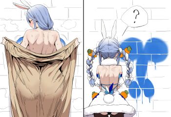 1futa 1girl ? absurdres animal_ears ass blue_hair blush braid breasts brick_wall brown_coat carrot_hair_ornament closed_eyes closed_mouth coat dress food-themed_hair_ornament from_behind futanari hair_ornament highres hololive huge_breasts huge_penis long_hair long_sleeves multicolored_hair open_clothes open_coat paint paint_on_body pekomama penis rabbit_ears rabbit_girl rabbit_tail shoulder_blades smile spoken_question_mark standing sweat tail twin_braids usada_pekora usada_pekora_(1st_costume) virtual_youtuber white_dress white_fur white_hair xipa