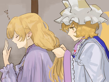 2girls adjusting_another&#039;s_hair blonde_hair blue_tabard closed_eyes closed_mouth collar commentary_request covering_own_mouth eneshi expressionless fox_tail frilled_shirt frills from_side full_body grey_background hand_over_own_mouth hat highres long_hair long_sleeves looking_down mob_cap multiple_girls multiple_tails ofuda open_mouth purple_collar purple_shirt purple_trim shirt short_hair squeans tabard tail touhou upper_body very_long_hair white_hat white_shirt wide_sleeves yakumo_ran yakumo_yukari yawning yellow_eyes