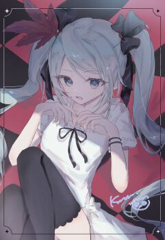 1girl aqua_eyes aqua_hair aqua_nails bare_arms black_bow black_ribbon black_thighhighs bow bracelet breasts checkered_blanket commentary dress feather_hair_ornament feathers hair_bow hair_ornament hatsune_miku hatsune_miku_(supreme) highres jewelry knees_up kumu39_(pixiv98385696) long_hair looking_at_viewer lying multiple_bracelets nail_polish neck_ribbon on_back open_mouth project_diva_(series) red_feathers ribbon short_sleeves sidelocks signature small_breasts solo swept_bangs thighhighs twintails untranslatable_commentary very_long_hair vocaloid white_dress world_is_mine_(vocaloid)