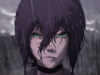 0mou_art 1girl black_choker chainsaw_man choker close-up green_eyes hair_between_eyes highres looking_at_viewer outdoors purple_hair rain reze_(chainsaw_man) solo wet wet_hair