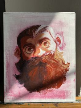 1boy absurdres acrylic_paint_(medium) beard beard_over_mouth cropped_head dungeon_meshi dwarf facial_hair highres justvala long_beard looking_to_the_side male_focus mustache painting_(medium) photo_(medium) senshi_(dungeon_meshi) solo thick_mustache traditional_media wide-eyed