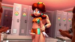 1girl 3boys 3d animated arm_grab ball blue_eyes breasts brown_hair freckles highres lipstick locker makeup mario_(series) mario_strikers_(series) masturbation midriff multiple_boys navel nintendo onmodel3d penis princess princess_daisy short_hair shorts small_breasts smile soccer_ball soccer_uniform solo sound sportswear super_mario_strikers thigh_sex video