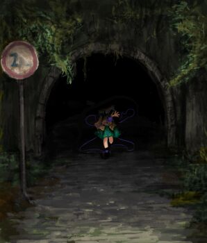 Rule 34 | 1girl, black boots, boots, buttons, commentary request, diamond button, eyeball, floral print, full body, green hair, green skirt, heripantomorrow, horror (theme), komeiji koishi, long sleeves, night, print skirt, road sign, rose print, shirt, sign, skirt, solo, third eye, touhou, tunnel, wide sleeves, yellow shirt