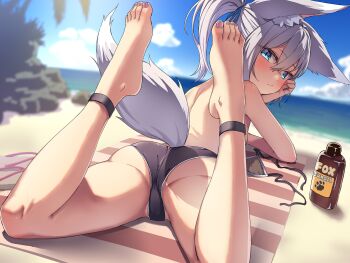 1girl absurdres animal_ears ankle_cuffs arm_support ass barefoot beach beach_towel bikini bikini_bottom_only black_bikini blue_eyes blue_sky expressionless feet feet_up fox_ears fox_girl fox_tail from_behind highres legs looking_at_viewer lotion lotion_bottle lying medium_hair nail_polish ocean on_stomach original outdoors palm_tree ponytail ryuudog sandals short_ponytail sky sunscreen swimsuit tail tanning_oil the_pose thighs toenail_polish toenails toes topless_female towel tree untied_bikini untied_bikini_top unworn_bikini_top unworn_sandals white_hair