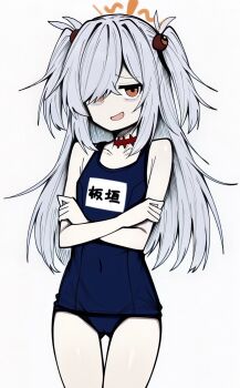 1girl bags_under_eyes blue_archive blue_one-piece_swimsuit character_name choker clothes_writing collarbone commentary_request covered_navel cowboy_shot crossed_arms false_smile flat_chest forced_smile grey_hair hair_over_one_eye halo highres kanoe_(blue_archive) loli long_hair looking_at_viewer makigirisu name_tag one-piece_swimsuit one_eye_covered open_mouth orange_eyes orange_halo red_choker smile solo standing swimsuit thigh_gap