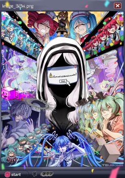 1boy 3girls akita_neru aqua_hair artist_name black_hat black_necktie blonde_hair blue_eyes blue_shirt bow chef_hat circus_panic!!!_(vocaloid) cloud collared_shirt commentary confetti creator_connection cube cursor detached_hair drill_hair english_commentary english_text grey_hair grey_jacket hair_intakes halo hat hatsune_miku heterochromia highres jacket kasane_teto kasane_teto_(sv) mesmerizer_(vocaloid) miitsubo mini_hat multiple_girls necktie obsolete_meat_(vocaloid) pink_eyes red_bow red_hair shirt striped_bow striped_clothes striped_shirt twin_drills twintails utau veil visor_cap vocaloid white_bow white_hat white_shirt window_(computing)