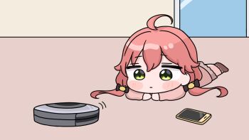 1girl black_bow blush_stickers bow brown_shorts brown_socks cellphone chibi closed_mouth commentary_request green_eyes hair_between_eyes hair_bow highres hololive indoors long_hair low_twintails lying mochimiko motion_lines no_shoes on_floor on_stomach phone pink_hair pink_shirt ribbon-trimmed_socks ribbon_trim robotic_vacuum_cleaner sakura_miko shirt shorts socks solo twintails very_long_hair virtual_youtuber