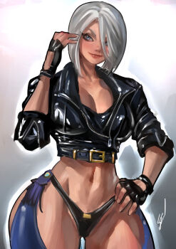 1girl angel_(kof) backless_pants blue_eyes bra breasts chaps cleavage crop_top cropped_jacket fingerless_gloves gloves hair_over_one_eye highres jacket large_breasts leather leather_jacket looking_at_viewer midriff navel orion-m panties pants short_hair smile snk solo strapless strapless_bra the_king_of_fighters the_king_of_fighters_xiv toned toned_female underwear white_hair