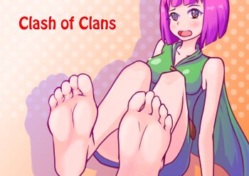 1girl absurdres archer_(clash_of_clans) barefoot blush clash_of_clans feet foot_focus highres looking_at_viewer multicolored_eyes open_mouth pink_hair pov short_hair soles toes