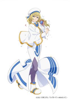 1girl alicia_florence aria_(manga) aria_company_uniform beret blonde_hair blue_ribbon braid braided_ponytail capelet closed_mouth confetti copyright_name copyright_notice dress full_body gold_trim hair_between_eyes hands_up hat hat_ribbon holding holding_party_popper impossible_clothes impossible_dress itou_youko long_dress long_hair long_sleeves looking_at_viewer official_art pantyhose party_popper purple_eyes purple_pantyhose ribbon second-party_source side_slit simple_background smile solo standing standing_on_one_leg white_background white_capelet white_dress white_footwear white_hat