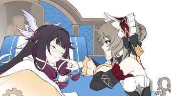 Rule 34 | 2girls, absurdres, armpit crease, bare shoulders, bed, black collar, black hair, black sleeves, blanket, blue eyes, bonnet, bow, braid, braided bun, breasts, brown hair, bulouxi10818, bun with braided base, cheek poking, closed eyes, collar, columbina (genshin impact), commentary request, detached collar, detached sleeves, dress, eye mask, gears, genshin impact, gloves, hair bow, hair bun, hair ornament, hair ribbon, head wings, headboard, headdress, highres, imminent poke, long hair, long sidelocks, long sleeves, lying, mask, multicolored hair, multiple girls, multiple wings, on side, open mouth, pillow, poking, purple hair, purple streaks, ribbon, sandrone (genshin impact), see-through clothes, see-through mask, short hair, short hair with long locks, sidelocks, simple background, sleeping, streaked hair, two-tone hair, under covers, very long hair, white background, white dress, white headdress, white mask, white wings, winding key, wing hair ornament, wings, x-shaped eyewear