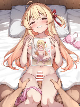 1boy 1girl ahoge bar_censor blonde_hair bra breasts censored commentary_request completely_nude fortissimo hair_ornament hetero highres hololive long_hair lying musical_note musical_note_hair_ornament nipples non_non_moral nude on_back otonose_kanade paid_reward_available panties penis pillow pink_bra pink_panties pov smile textless_version underwear unworn_bra virtual_youtuber