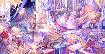 1girl absurdres architecture ayaka_(genshin_impact) back_bow blue_bow blue_dress blue_eyes blue_hair blunt_bangs blunt_tresses book bookmark bookshelf bow braid brown_hat butterfly_hair_ornament chinese_commentary closed_eyes closed_mouth collar commentary_request commission dress flower frills genshin_impact hair_ornament hair_up hand_up hat highres holding holding_jar holding_paper indoors jar kamisato_ayaka kamisato_ayaka_(springbloom_missive) long_sleeves multiple_views night night_sky official_alternate_costume official_alternate_hairstyle open_book origami paper paper_crane pink_ribbon puffy_long_sleeves puffy_sleeves ribbon second-party_source sitting sky smile wariza white_collar white_ribbon window yozen