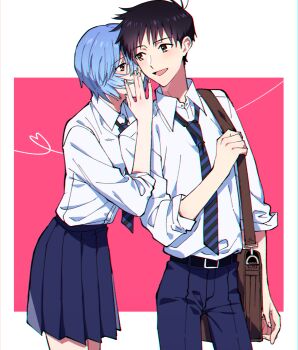 1boy 1girl ayanami_rei bag belt black_hair black_pants black_skirt blue_hair breasts brown_bag brown_eyes collared_shirt covering_own_mouth hair_between_eyes heart highres ikari_shinji leaning_back leaning_forward looking_to_the_side necktie neon_genesis_evangelion open_mouth pants red_eyes shirt simple_background skirt whispering whispering_in_ear yoshio_296