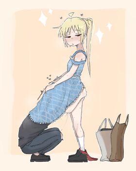 2girls ahoge black_pants black_shirt blonde_hair blue_dress bocchi_the_rock! clothes_lift detached_ahoge dress female_pervert head_under_skirt highres ijichi_nijika implied_cunnilingus long_hair medium_hair multiple_girls pants pervert red_eyes shirt shop short_sleeves side_ponytail simple_background sleeveless sleeveless_dress sparkle squatting yamada_ryo yuri zlix0n