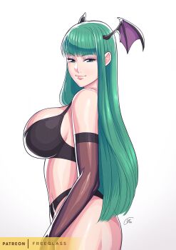 Rule 34 | 1girl, absurdres, artist name, bat wings, black bra, bra, breasts, capcom, cover, demon girl, freeglass, from side, gloves, green eyes, green hair, highres, large breasts, legs, long hair, looking at viewer, morrigan aensland, panties, pink lips, seductive smile, sideboob, smile, solo, thick thighs, thighs, underwear, darkstalkers, wings