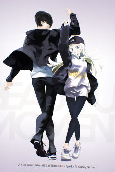 Rule 34 | 1boy, 1girl, black eyes, black hair, black legwear, blonde hair, commentary request, dancing, english text, highres, hime cut, jacket, kotani kaboku, long hair, long sleeves, shorts, tsukuba masahiro, wanda hikari, wondance