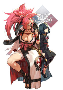 2025 2girls arrow_(symbol) bags_under_eyes baiken breasts collarbone delilah_(guilty_gear) english_text eyepatch facial_mark full_body guilty_gear guilty_gear_strive hat hungry_clicker invisible_chair japanese_clothes katana kimono large_breasts long_hair multiple_girls open_clothes open_kimono pink_hair ponytail rope sandals scar scar_across_eye scar_on_face shaded_face sheath sheathed short_hair sitting straw_hat sword weapon
