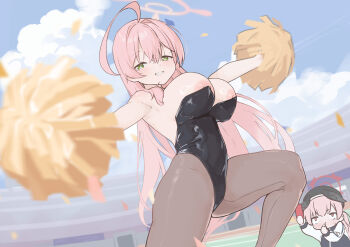 2girls absurdres armpits beret black_hat black_jacket black_leotard black_wings blowing_whistle blue_archive blue_sky breasts brown_pantyhose bursting_breasts card cheering cheerleader cloud commentary commission day double-parted_bangs english_commentary from_side green_eyes grin hair_between_eyes halo hanako_(blue_archive) hat highres holding holding_card holding_pom_poms jacket koharu_(blue_archive) large_variant_set leg_up leotard long_hair long_sleeves looking_at_another looking_at_viewer looking_to_the_side multiple_girls nipple_slip nipples outdoors outstretched_arms painnico pantyhose penalty_card pink_hair pink_halo pom_pom_(cheerleading) pom_poms red_halo shiny_skin sky smile solo_focus spread_arms standing strapless strapless_leotard variant_set very_long_hair white_sleeves wings