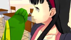 20s 2girls 3d amagi_yukiko animated atlus black_eyes black_hair black_shirt breasts catalepsy chair chalkboard classroom collarbone desk female_focus finger_to_another&#039;s_face finger_to_face frozen green_jacket hairband happy hypnosis indoors interior jacket jewelry long_hair looking_at_viewer lying matching_hair/eyes megami_tensei mind_control multiple_girls necklace on_chair on_side out_of_frame persona persona_4 persona_4:_dancing_all_night persona_dancing pov pushing satonaka_chie school shelf shin_megami_tensei shirt short_sleeves sitting skirt small_breasts source_filmmaker_(medium) staring stiff swinging trigger video vynil watching white_skirt