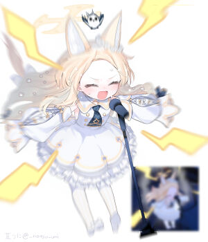 1girl amanatsu_uni animal_ear_fluff animal_ears ascot bird blonde_hair blue_archive blue_ascot blurry blush bow buttons closed_eyes commentary_request detached_sleeves double-breasted dress extra_ears flower flower_wreath forehead fox_ears fox_girl frilled_dress frills full_body game_screenshot_inset hair_flower hair_ornament halo high_heels highres long-tailed_tit long_hair long_sleeves microphone microphone_stand npc_jail open_mouth pantyhose parted_bangs partial_commentary petticoat reference_inset screaming screenshot_inset seia_(blue_archive) shoes shouting sleeves_past_fingers sleeves_past_wrists solo striped_clothes striped_pantyhose sweat tail tail_bow tail_ornament tit_(bird) twitter_username vertical-striped_clothes vertical-striped_pantyhose wavy_hair white_bow white_dress white_pantyhose white_shoes