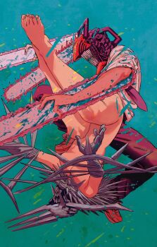 1boy 1girl arrow artistic_nudity barefoot black_pants blood blood_splatter blood_on_clothes bloody_weapon body_modification bow breasts chainsaw chainsaw_man cleaned collared_shirt cover cover_page denji_(chainsaw_man) feet fujimoto_tatsuki green_background highres manga_cover necktie nude official_art pants quanxi_(chainsaw_man) sharp_teeth shirt sleeves_rolled_up spoilers spray_paint teeth toes unusual_blood_color volume_cover weapon white_shirt