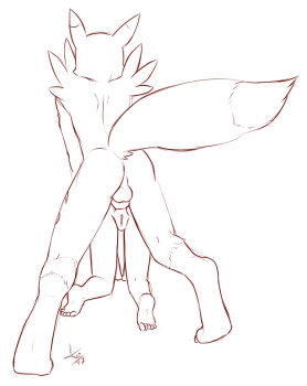 1boy 1girl anal animal_penis anus aogami barefoot completely_nude digimon digimon_tamers dog_penis from_behind furry furry_male furry_with_non-furry highres interspecies knotted_penis loli makino_ruki monochrome nude pussy renamon sex sex_from_behind simple_background source_request tagme testicles white_background