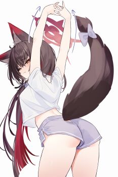 1girl absurdres alternate_costume animal_ear_fluff animal_ears arms_behind_head ass black_hair blue_archive blush closed_mouth colored_inner_hair commentary_request diieru dolphin_shorts fox_ears fox_girl fox_tail halo highres multicolored_hair one_eye_closed purple_shorts red_hair red_halo shirt short_shorts short_sleeves shorts solo stretching t-shirt tail two-tone_hair wakamo_(blue_archive) white_shirt yellow_eyes