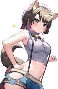 1girl animal_ears black_hair blue_eyes blush breasts deaver hair_ornament hat highres hololive looking_at_viewer medium_breasts navel oozora_subaru oozora_subaru_(suspenders) shirt short_hair solo striped_clothes striped_shirt vertical-striped_clothes vertical-striped_shirt virtual_youtuber