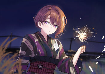 1girl :o blurry blurry_background blurry_foreground brown_hair commentary depth_of_field fireworks highres higuchi_madoka holding holding_fireworks idolmaster idolmaster_shiny_colors japanese_clothes kimono looking_at_viewer mmsk mole mole_under_eye multicolored_kimono obi outdoors red_eyes sash solo sparkler upper_body utility_pole yukata