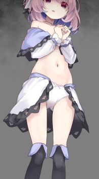 1girl bare_shoulders black_thighhighs bow bow_panties gluteal_fold grey_background hinayua_r18 loli navel open_mouth original own_hands_together panties pink_hair shaded_face short_hair showgirl_skirt simple_background skirt solo standing stomach thighhighs thighs underwear white_panties white_skirt white_sleeves