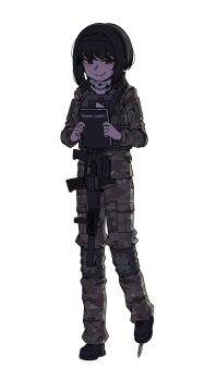 1girl armor as_val assault_rifle black_eyes black_hair book boots bulletproof_vest camouflage combat_boots death_note fsb gun hello_kitty highres holding holding_book integrally-suppressed_firearm kalashnikov_rifle karepack multicam_pattern original rifle russian_text sanrio shoe_knife smug translated weapon