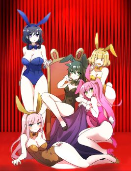 5girls absurdres animal_ears bags_under_eyes black_leotard blue_leotard bow bowtie chair covered_navel detached_collar fake_animal_ears fake_tail high_heels highleg highleg_leotard highres katou_asuka kuroki_tomoko kuromilk leotard multiple_girls nemoto_hina on_chair pink_shoes playboy playboy_bunny rabbit_ears rabbit_tail red_leotard shoes strapless strapless_leotard tail tamura_yuri traditional_bowtie uchi_emiri watashi_ga_motenai_no_wa_dou_kangaetemo_omaera_ga_warui! wrist_cuffs