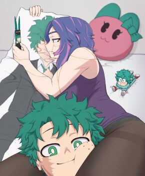 1boy 1girl bare_shoulders boku_no_hero_academia breasts brown_pantyhose character_pillow commentary dakimakura_(object) dotoyazuki english_commentary freckles green_eyes green_hair highres holding holding_phone i&#039;m_this_clingy_(meme) lady_nagant large_breasts looking_at_viewer lying medium_hair meme midoriya_izuku multicolored_hair muscular muscular_female on_side pantyhose phone pillow pink_hair purple_eyes purple_hair scar scar_on_face short_hair smile streaked_hair thighs two-tone_hair
