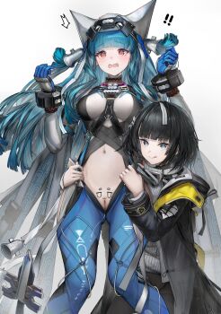 Rule 34 | !, !!, 2girls, :q, absurdres, arknights, arknights: endfield, black coat, black hair, blue gloves, blue hair, blue hiphighs, blunt bangs, body writing, breasts, closed mouth, coat, commentary, cropped shirt, embarrassed, endministrator (arknights), english commentary, feet out of frame, female endministrator (arknights), gloves, helmet, highres, hiphighs, irvinetope, large breasts, last rite (arknights), long hair, long sleeves, multiple girls, navel, open clothes, open coat, open mouth, pussy, shirt, short hair, smile, standing, sweater, tongue, tongue out, white helmet, white shirt, white sweater