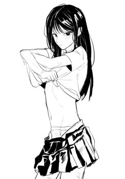 1girl blush commentary_request cowboy_shot greyscale highres korean_commentary long_hair looking_at_viewer monochrome original parted_bangs pleated_skirt s22uic shirt skirt solo underwear undressing
