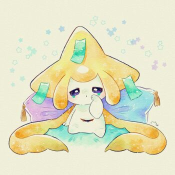 Rule 34 | 1other, closed mouth, colored skin, dot mouth, full body, gen 3 pokemon, highres, jirachi, legendary pokemon, looking at viewer, miketoevecan, mythical pokemon, nintendo, other focus, pokemon, pokemon (creature), pokemon focus, purple eyes, simple background, sitting, solo, tanzaku, white background, white skin