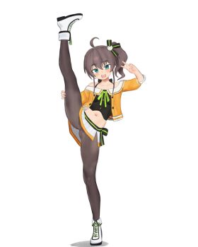 1girl ahoge black_camisole black_pantyhose blue_eyes blush brown_hair camisole cat_hair_ornament cropped_jacket d5y0m flexible green_ribbon hair_between_eyes hair_ornament hair_ribbon highres holding_own_leg hololive jacket leg_lift loli looking_at_viewer natsuiro_matsuri natsuiro_matsuri_(1st_costume) navel off-shoulder_jacket off_shoulder open_mouth orange_jacket pantyhose ribbon shoes side_ponytail simple_background skirt smile solo split standing standing_on_one_leg standing_split v virtual_youtuber white_background white_shoes white_skirt