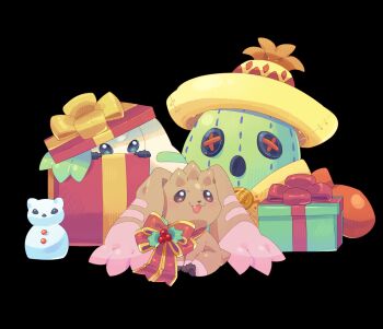 Rule 34 | black background, brown fur, button eyes, buttons, christmas, digimon, digimon (creature), gift, gloves, hat, highres, looking at another, lopmon, no humans, pink fur, red gloves, roccoco co, simple background, sombrero, terriermon, togemon, togemon x-antibody, two-tone fur, yukidarumon