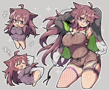Rule 34 | 1girl, ahoge, animal ears, arms behind head, asymmetrical legwear, black jacket, breasts, brown dress, cat ears, cat girl, cat tail, chibi, chibi inset, choppy bangs, closed mouth, commentary request, commission, cropped legs, dress, fishnet thighhighs, fishnets, grey background, hair between eyes, itsuka neru, jacket, large breasts, leopard print dress, long hair, looking at viewer, mismatched legwear, multiple views, open clothes, open jacket, open mouth, original, purple eyes, purple hair, simple background, single fishnet legwear, skeb commission, sleeping, smile, tail, thighhighs, zzz